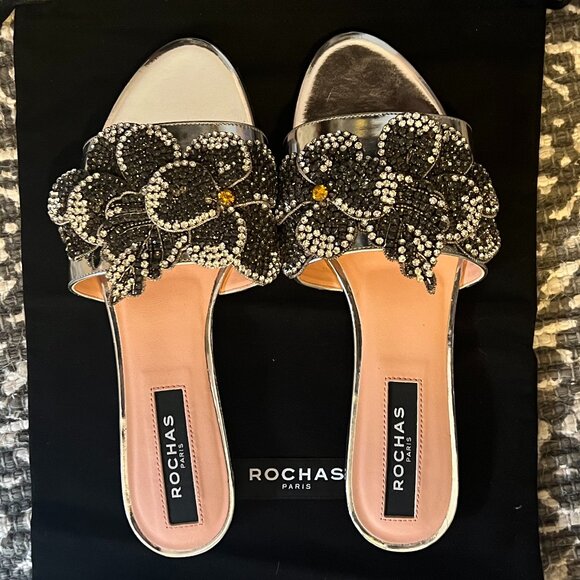 Women’s Rochas Silver Luxury Sandals Flats, Black & Silver Rhinestones 7.5 US - Picture 1 of 5